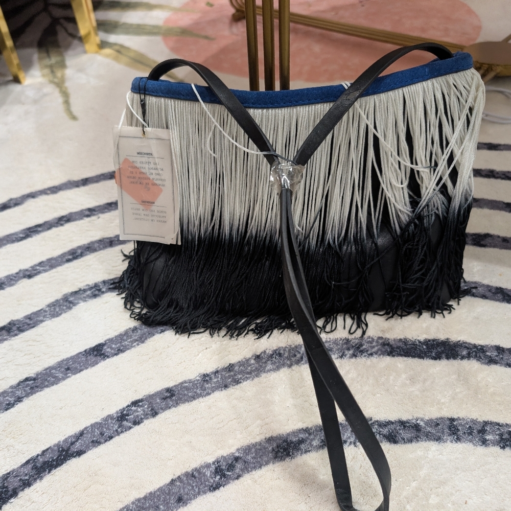Boho Fringe Shoulder Bag in Blue, White & Black